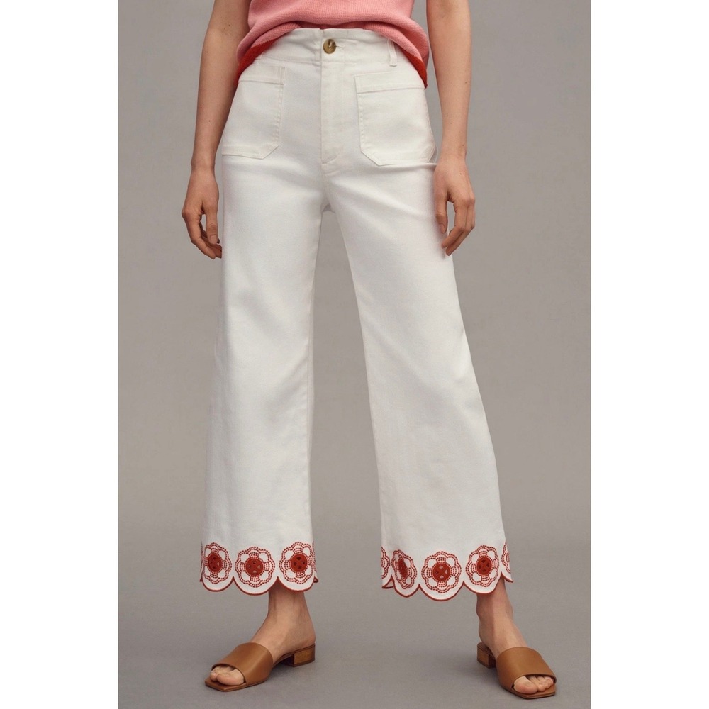 Maeve Anthropologie The Colette White Red Floral Eyelet Scalloped Pants 26P